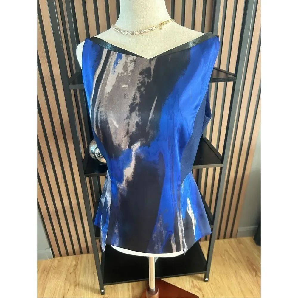 Tahari blue lined blouse top with leather accent size small classy office wear